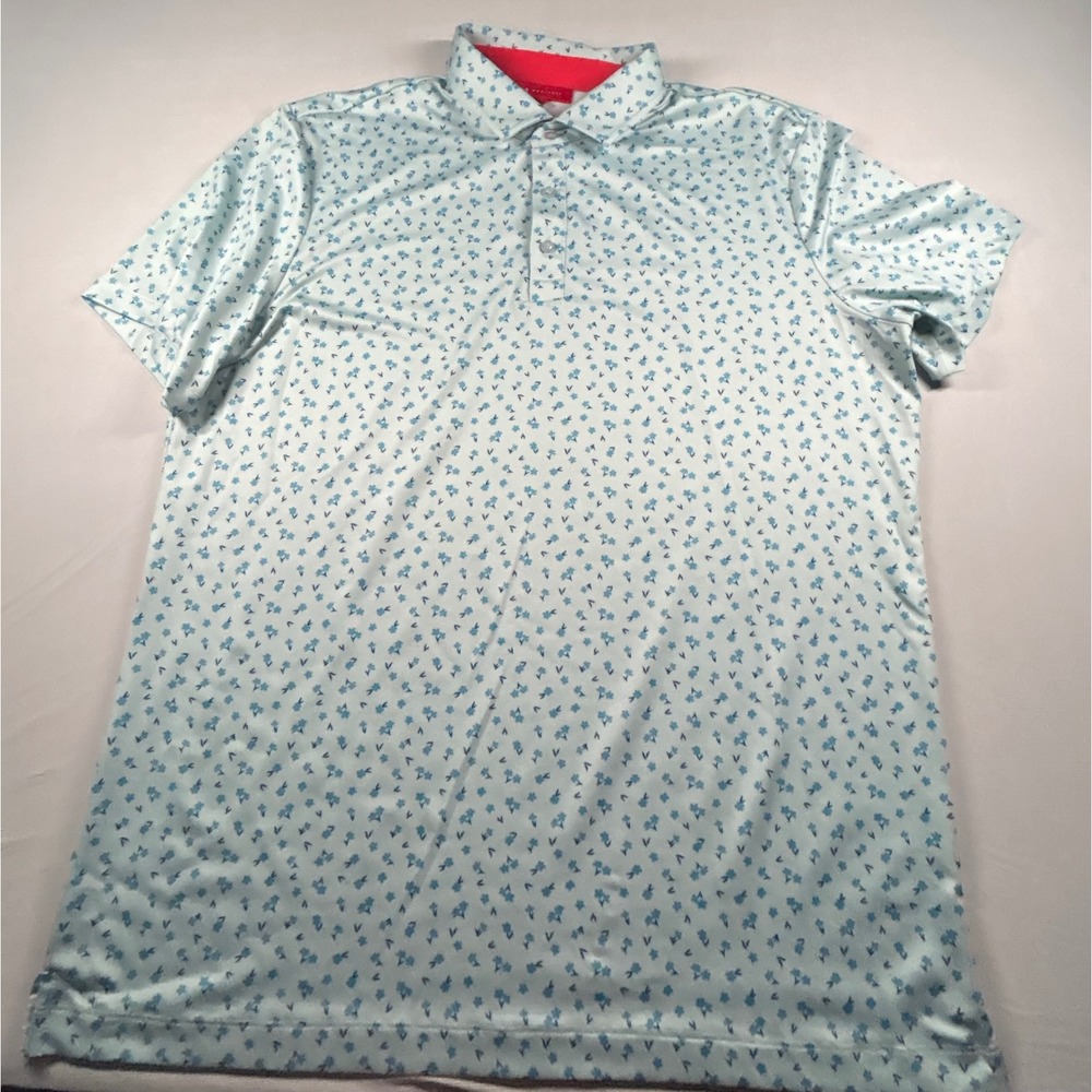 Redvanly Mens Floral Golf Polo Shirt Blue White Short Sleeve Size Large CC Logo